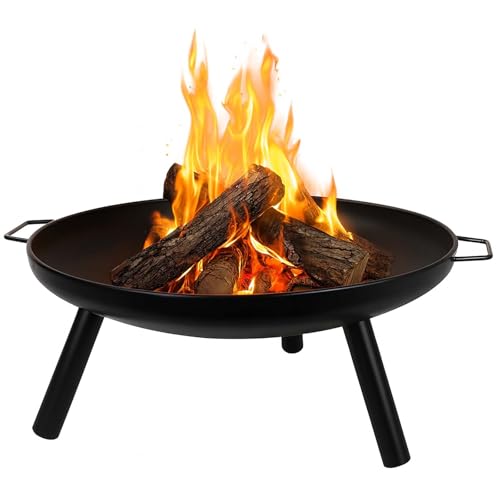 BURI Feuerschale 59cm rund aus Metall | Feuerstelle mit 2 Griffen & 3 stabilen Füßen | Feuerkorb Grillschale Pflanzschale für Garten Terrasse Balkon Outdoor