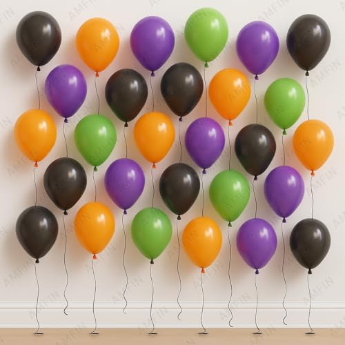 Image of AMFIN (Pack of 50) Halloween Party Balloons | Orange, Black, Purple & Green Latex Balloons | Spooky Party Decorations for Birthday, Halloween, Events & Celebrations