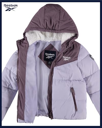 Image of Reebok Girls Heavyweight Poly Taffeta Puffer Jacket with Sherpa Hood | Insulated Quilting Locks in Warmth, Zip-Up Closure, Secure Pockets for Gloves, Cozy Protection for Cold-Weather Play