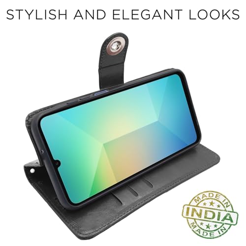 Image of Pikkme Flip Cover Leather Finish | Inside TPU with Card Pockets | Wallet Stand and Shock Proof | Complete Protection Button Flip Case for Samsung Galaxy A06 (Black)