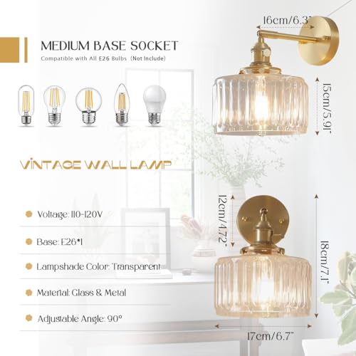 Image of Vanity Lights for Bathroom Mid Century Wall Sconce Light Fixture with Clear Glass Shade 90 Degree Adjustable Gold Brass Finish Hardwired Vintage Wall Lighting for Over Mirror Bedroom