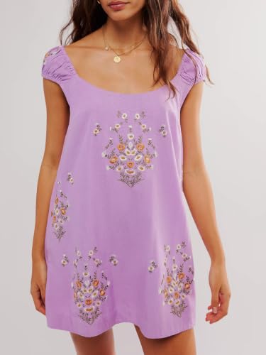 Image of Women Embroidered Cotton Linen Dress Crew Neck Sleeveless Casual Summer Dresses for Beach Vacation