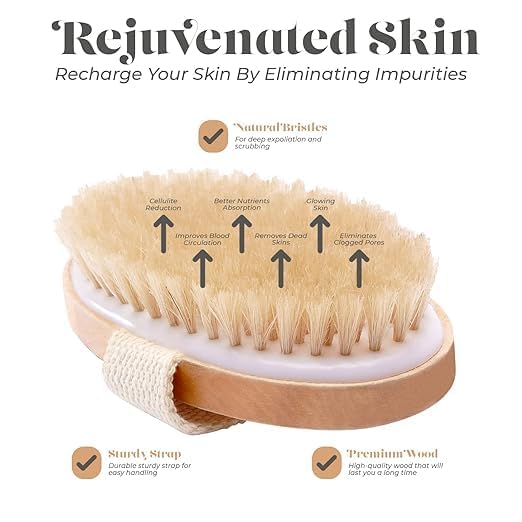Image of KIMEE Premium Natural Bristle Dry Body Brush for Exfoliation, Lymphatic Drainage & Smooth Skin - Wooden Handle with Hand Strap, Spa-Quality Cellulite & Dead Skin Remover for Shower & Dry Brushing Routine