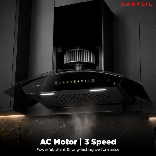 Image of Carysil Curvantis 90 cm Kitchen Chimney, Curved Shape, 1500 m /hr Suction, Auto-Clean Filterless, 3-Speed Touch & Gesture Control, LED Lamp, 10-Year Warranty - Black