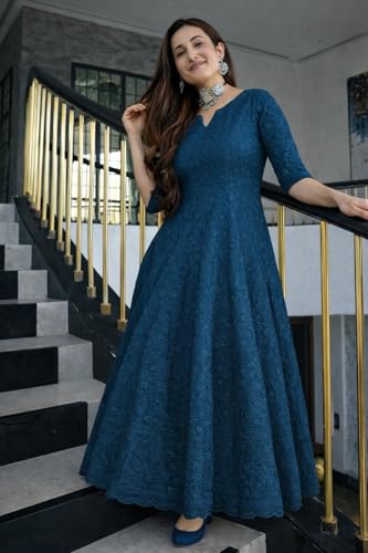 Image of LookMark Women's Chikankari Embroidered Ethnic Gown, Ankle Length Flared Dress, 3 /4 Sleeves, Traditional Indian Wear