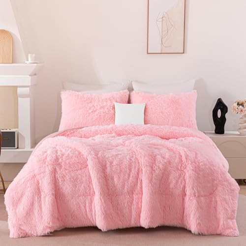 Image of Pink Fluffy Queen Comforter Set - 3 Pieces Faux Fur Fuzzy Bedding Set for Girls, Plush Shaggy Warm Velvet Bed Set with Pillowcases (Pink, Queen)