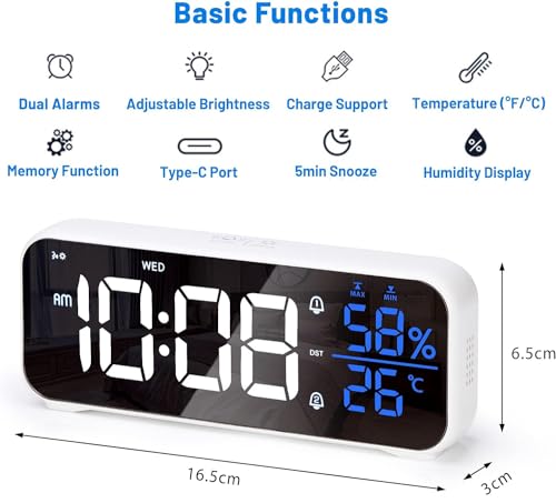 VINILITE-Reveil-Numerique-avec-Affichage-TemperatureHumidite-Reveil-LED-Horloge-Digitale-Portable-Fonction-Snooze-2-AlarmePort-de-Recharge-USB