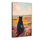 Póster decorativo de pared con diseño de gato negro en bicicleta en campo colorido, para bar, restaurante, garaje, cafetería, marco de regalo, 61 x 91 cm
