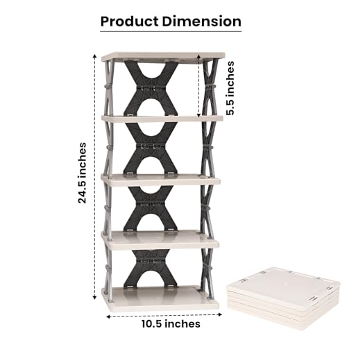 Image of Zureni Stackable Shoe Rack 5-Tier Foldable and Adjustable Footwear Organizer Portable & Expandable Storage Shelf for Home Slippers & Sandals (Pack of 1, White)