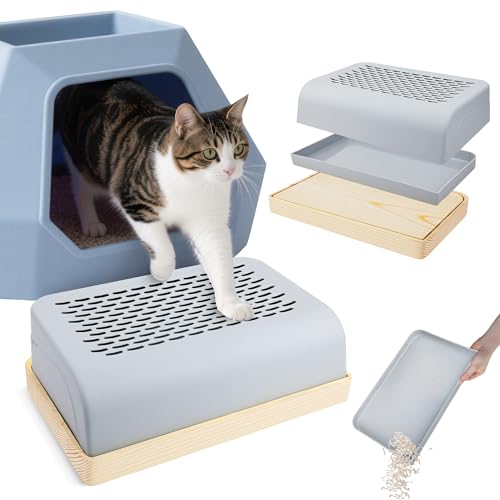 Caja de arena para gatos mayores de fácil acceso y base de madera estable 2