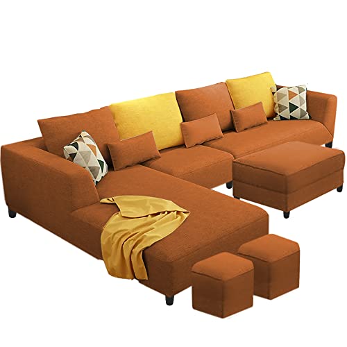 Image of Casaliving Minta LHS 8 Seater L Shape Sofa Set with Ottoman & 2 Puffy for Living Room (Orange - Colour Fabric) Premium Fabric Sofa Set ForLiving Room | Hall