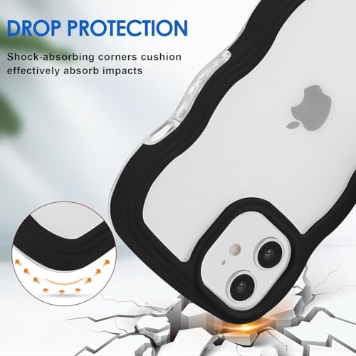 Image of GoldKart iPhone 12 /12 Pro Case Wavy Edge Clear Back Design, Anti-Slip Grip Cute Wave Curly Frame Shape Shockproof Soft TPU & Hard PC Bumper Protective Phone Case Cover for Women Girls - Black