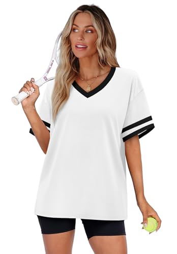 Image of WIHOLL Womens T Shirts Loose Fit Short Sleeve Tees V Neck Color Block Summer Tops 2026 Fashion S-4XL