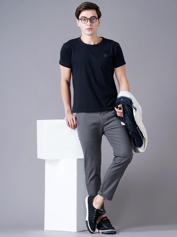 Image of British Club 100% Cotton Slim Fit Flat-Front Trousers for Men | Tailored Design for a Clean Look | Versatile for Office & Casual Wear | Lightweight Breathable Fabric | Black