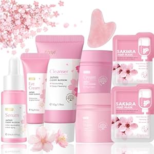 Skin Care Set with Gua Sha Facial Tools, Cherry Blossom Skincare Gifts for Teenage Girls, Anti Aging Skin Care Routine Kit: Cleanser – Serum – Eye Cream – Cream – Mud Mask Facial Kit, Gifts for Mom