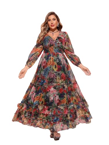 Image of Spring Summer 2024 Plus Size Womens Dresses V Neck Casual Elegant Long Sleeve Floral Print Maxi Dress