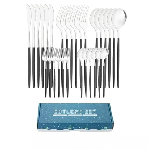 カトラリーセット北欧風30本 スプーンフ 食器セット ナイフ ゴールド ステンレス製 スプーン フォークお弁当 キャンプ おしゃれ 衛生 丈夫 鏡面仕上げ 食器洗い機対応 アウトドア レストラン用 家庭用 キッチン 結婚式用 プレゼント ギフト (ブラック
