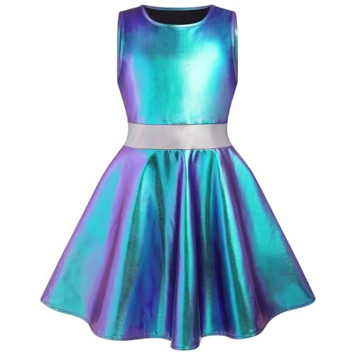 IBAKOM Girl Shiny Metallic Dress Toddler Holographic 80s Sparkly Outfits Kids Alien Halloween 90s Prom Swing Skater Dress