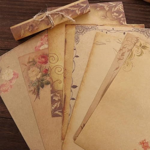 Image of Vintage Letter Writing Paper Sheets, 48 Pcs Floral Decorative Retro Stationery, 8 Designs, Antique Yellowish Craft Papers for Invitations, Scrapbooking, Handmade Notes, Journaling, 8.26x5.7in