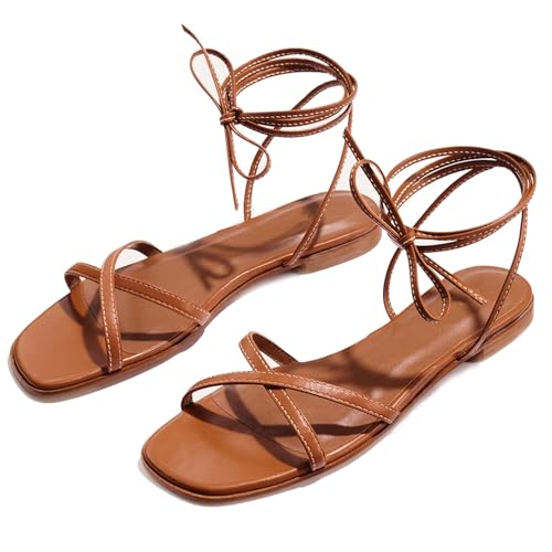Strappy Flats Sandals for Women Comfortable Square Toe Lace Up Slides Beach Gladiator Wrap Sandal Shoes