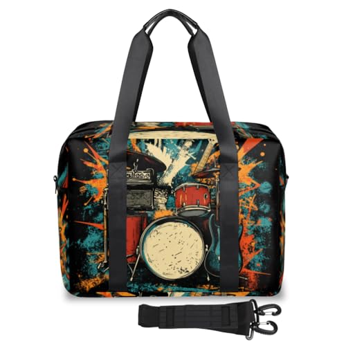 Watercolor Drum Travel Duffel Bag for Men Women Blue Orange Sports Gym Bag Waterproof Weekender Overnight Bags Foldable Carry on Backpack for Swim Yoga Fitness Workout