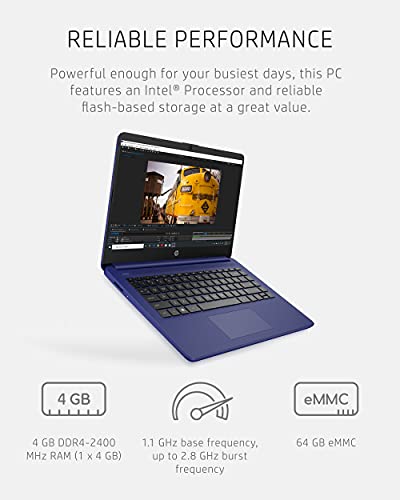Image of HP 14 Laptop, Intel Celeron N4020, 4 GB RAM, 64 GB Storage, 14-inch HD Touchscreen, Windows 11 Home, Thin & Portable, 4K Graphics, One Year of Microsoft 365 (14-dq0050nr, Indigo Blue)
