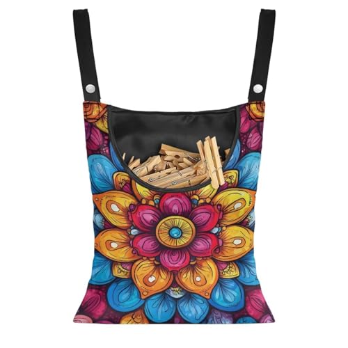 Commercial Grade Outdoor Clothespin Bag - Industrial Strength Windproof Storage Organizer - Heavy Duty Polyester Construction with Oversized Capacity Mandala Flower Print Colorful
