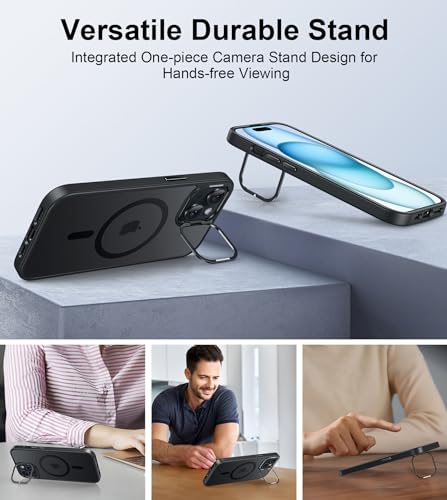 Image of FNTCASE for iPhone 15 Phone Case: Strong Magnetic Slim Matte Protective Case with Kickstand | Shockproof Drop Full Protection Anti-Fingerprint Thin Translucent Frosted Cover(Black)