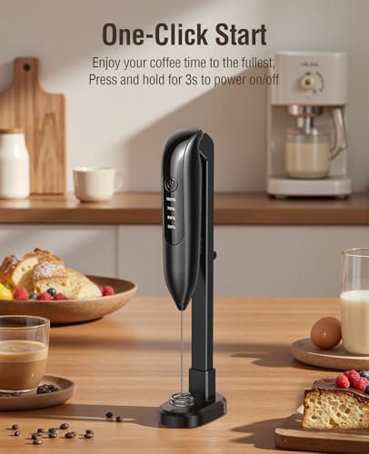 Image of Dynooper Electric Milk Frother Handheld: coffee frother rechargeable 3 in 1 - LED Display, Wireless Charging - 3 Speeds, Stainless Steel Whisk for Latte, Cappuccino - Jet Black