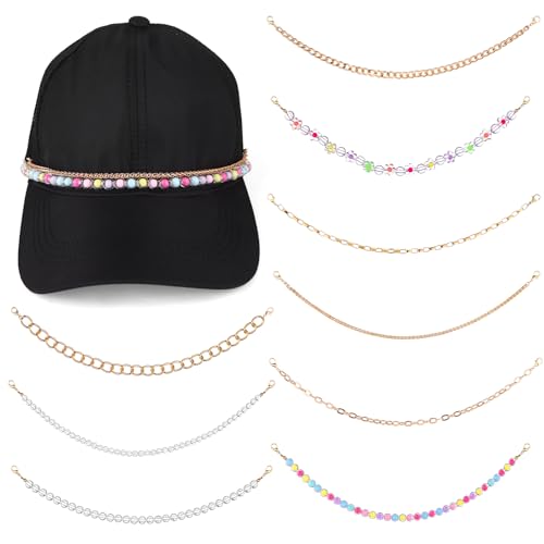 Haiabei 9Pcs Beads Trucket Hat Chains Bill Decoration Gold Metal Trucker Hat Charms Metal Chains for Hat DIY Mesh Baseball Cap Accessories Chain Resin Detachable Chains Assorted Styles for Women Man
