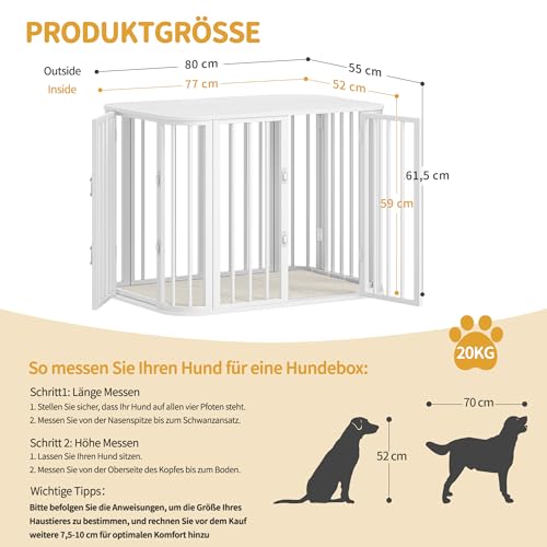Hzuaneri Hundekäfig Möbel, Indoor Hundebox mit Kissen, Modernes Dreitür-Design, Beistelltisch aus Holz, Geeignet für Kleine und Mittelgroße Hunde, 80 x 55 x 61,5 cm, Weiß DFC87713W