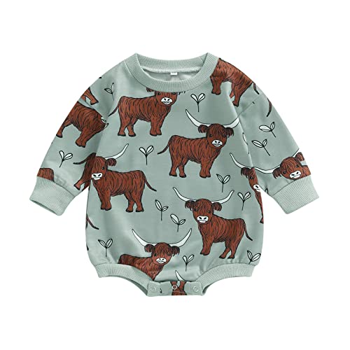 Image of Dewadbow Western Baby Boy Girl Clothes Highland Cow Print Sweatshirt Bubble Romper Infant Baby Cowboy Outfit