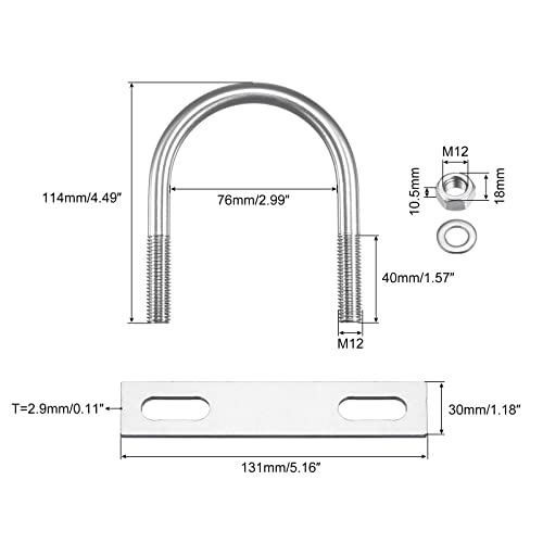Image of uxcell Round U-Bolts, 76mm(2.99 inch) Inner Width 114mm Length M12 304 Stainless Steel U Clamp Bolt with Nuts Washers and Plates, for Boat Trailer