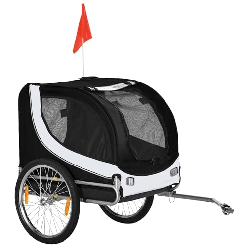 PawHut Rimorchio Bici per Cani Taglia Media con Finestre Laterali e Bandierina, Rimorchio per Bici in Acciaio e Tessuto Oxford, 130x73x90 cm, Bianco e Nero