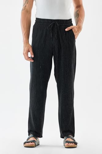Image of SNITCH Men Casual Trousers | Relaxed Fit Pinstripe Design | Breathable Viscose Blend & Lightweight Fabric for Summer & Everyday Wear