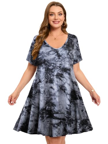 Image of ZENNILO Women's Plus Size Swing Dress with Pockets Casual Summer Dresses V Neck Short Sleeve T Shirt Dress for Women