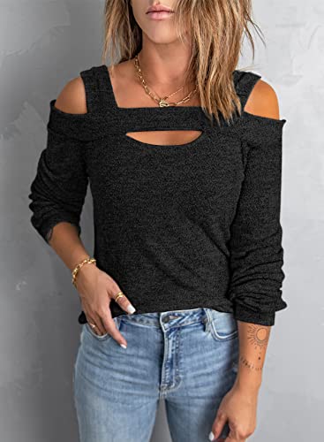 Image of Women Blouses and Tops Black White Colorblock Bell Sleeve Cold Shoulder Top Shirt