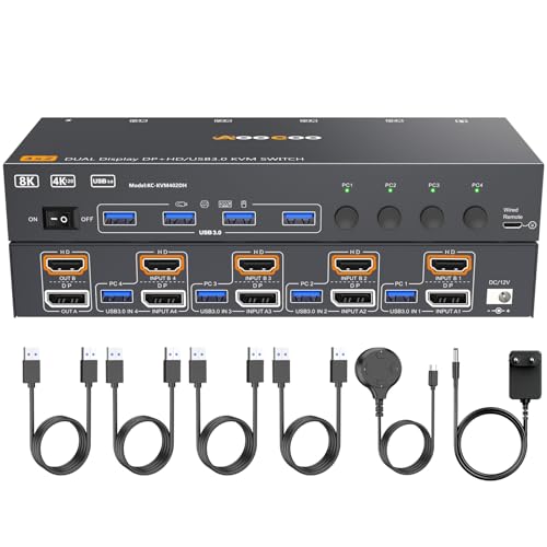 8K@60Hz/4K@144Hz HDMI DP KVM Switch 4 PC 2 Monitore USB 3.0 KVM Switches mit 4 USB Anschlüssen für 4 Computer Dual Monitor Kabelfernbedienung und USB-Kabel im Lieferumfang enthalten