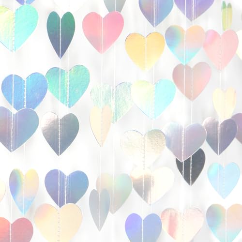 Panduola Iridescent Disco-Holographic Heart Garland - 52Ft Wedding Hanging Decoration Neon Streamers Banner Perfect for Bridal Shower Birthday Baby Shower Engagement Valentines Day Decor