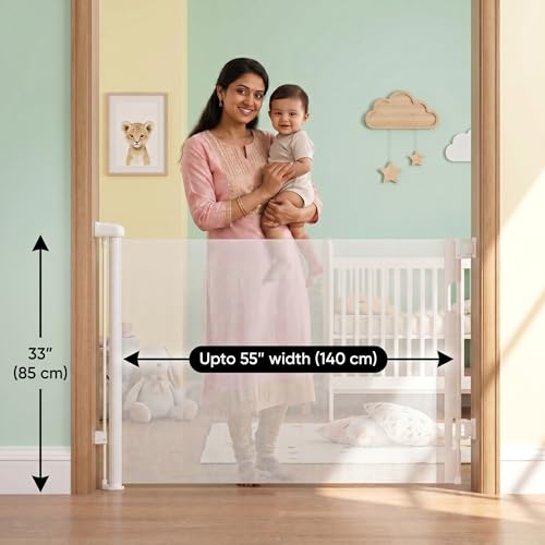 Image of A Baby Cherry - Baby Saftey Gate Retractable | Stairs & Pet Safety | Wide Mesh Gate 33 inch Tall | Expandable 55 inch | Indoor /Outdoor, Childproof Auto Lock (White)