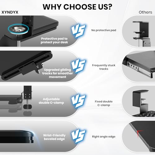 Xyndyx Keyboard Tray Under Desk, Pull Out Keyboard & Mouse Tray with Adjustable C-clamp, 25.6 x 11.8 Inch Slide Out Computer Keyboard Drawer Mouse Tray for Typing, Black