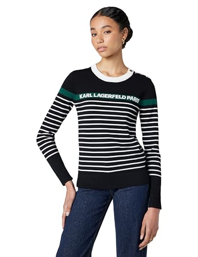 KARL LAGERFELD Paris Women's Sportswear Sweater, Black/Soft White/Rainforest Green, Medium