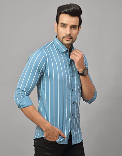Image of Solid Regular Fit Cotton Casual Strips Shirt for Men || Spread Collar || Full Sleeves (X-Large, Blue)