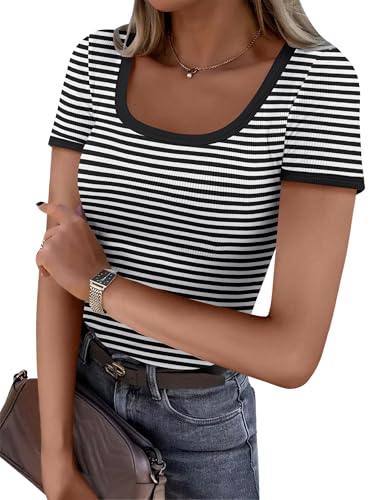 ANRABESS Women Short Sleeve Tops Square Neck Ribbed Knit Color Block T Shirts Fitted Casual Summer 2025 Trendy Basic Tees