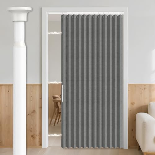 Image of AJAZZ Blackout Magnetic Door Curtain with Curtain Rods 39-52 in Length Pleated Door Curtain Folding Door Invisible Applicable Bedroom Room Living Room Doorway (1 Panel, 52 W x 78 L, Dark Grey)