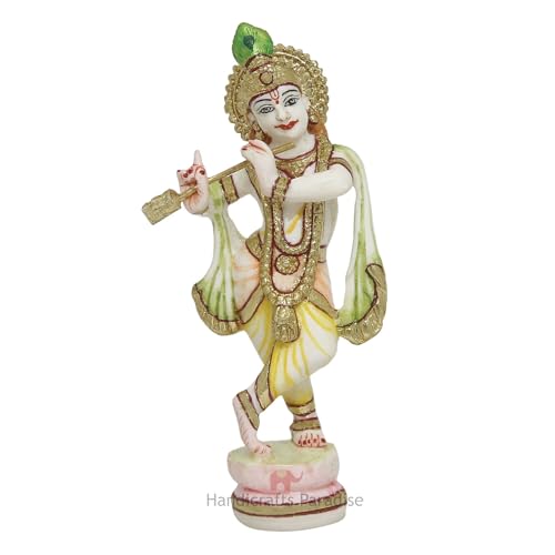 Image of Handicrafts Paradise Culture Marble Hand Painted Krishna Intricately Carved Showpiece for Home Decor and Puja - 6 inch
