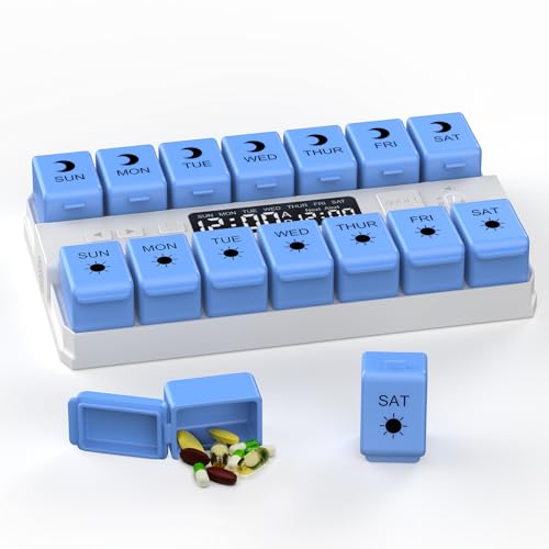 Weekly Pill Organizer with Alarms System, Removable Silicone Pill Box 7 Day 2 Time, Large Size Pill Case for Home and Travel, Secure Magnetic Base, Waterproof & Moisture Resistant (Blue)