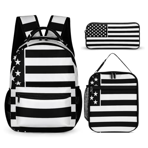 Travel Bookbag Set with Lunch Bags and Cosmetic Bag American Flag Patriotic USA Black And White Line Pattern Backpack with Lunch Box Storage Bag Backpack Bookbag Set