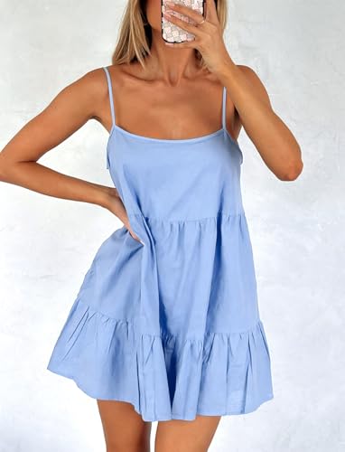 Image of OZICERD Flowy Short Sundress Mini Babydoll Dresses for Women Going Out Tiered Ruffle Beach Spaghetti Strap Swing Dress Cute