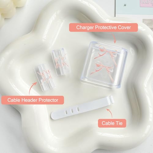 Protector de cargador iPhone lazo rosa funda transparente para cable tipo C de 20W 2